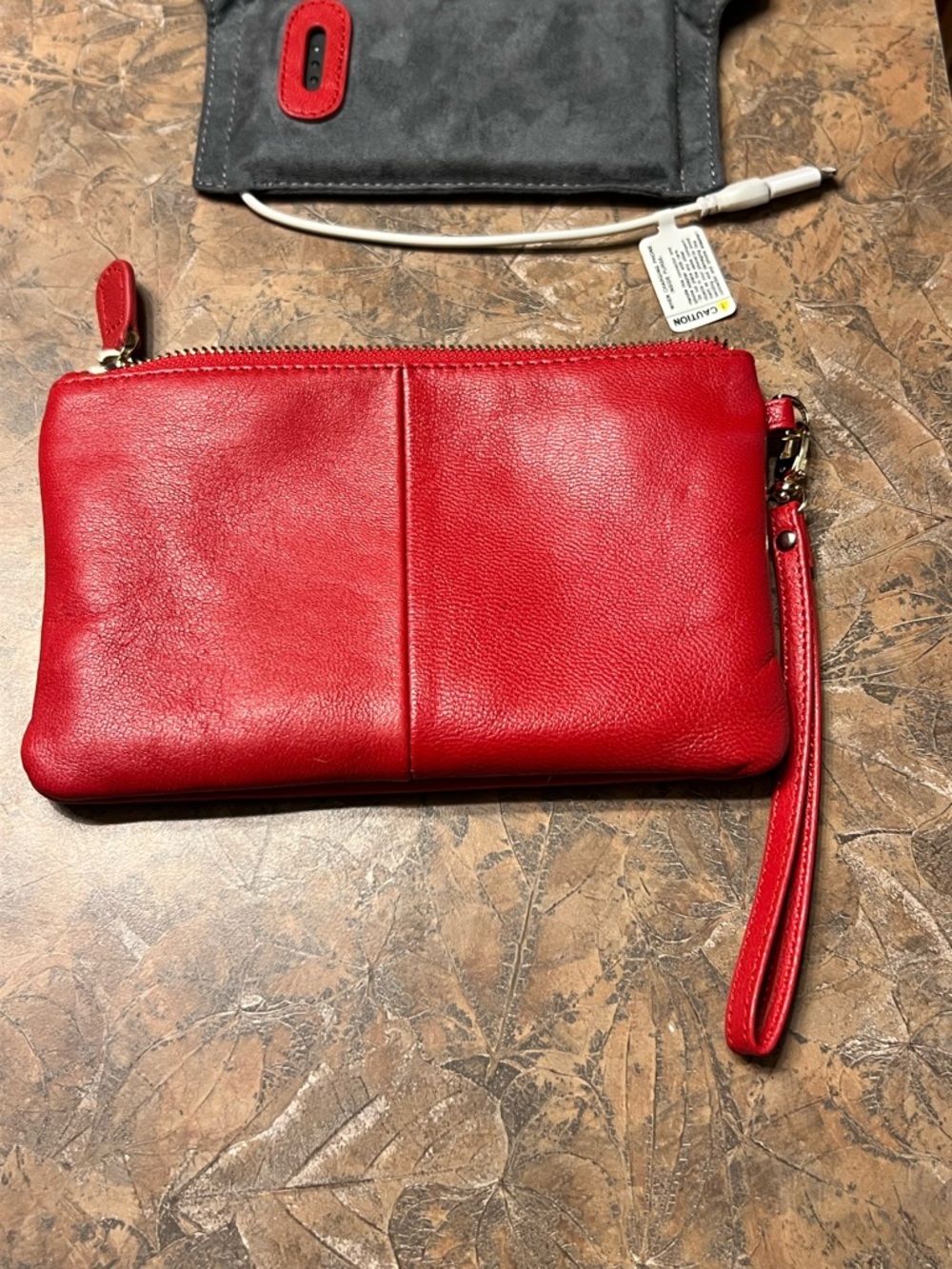Portable Cell Phone Charger, Handbag Butler,Red Leather Wristlet Clutch, Tested